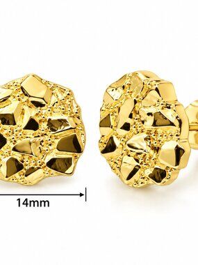 14mm Brass 14K Solid Nugget Cookie Round Earring Bling Stud Type Fashion